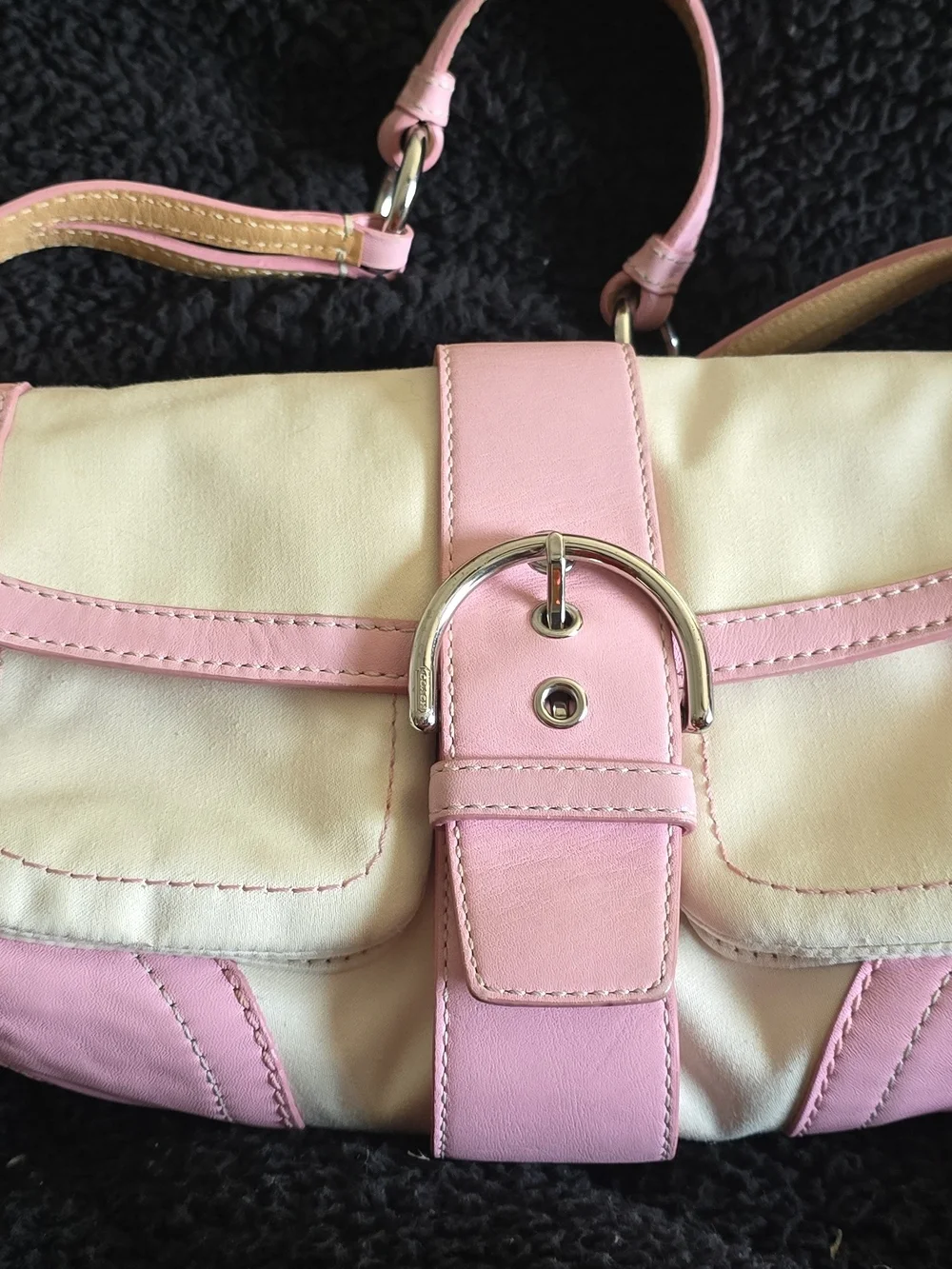 COACH  Hampton Soho Y2K Cream and Pink Leather Shoulder Bag with Flap and Buckle
